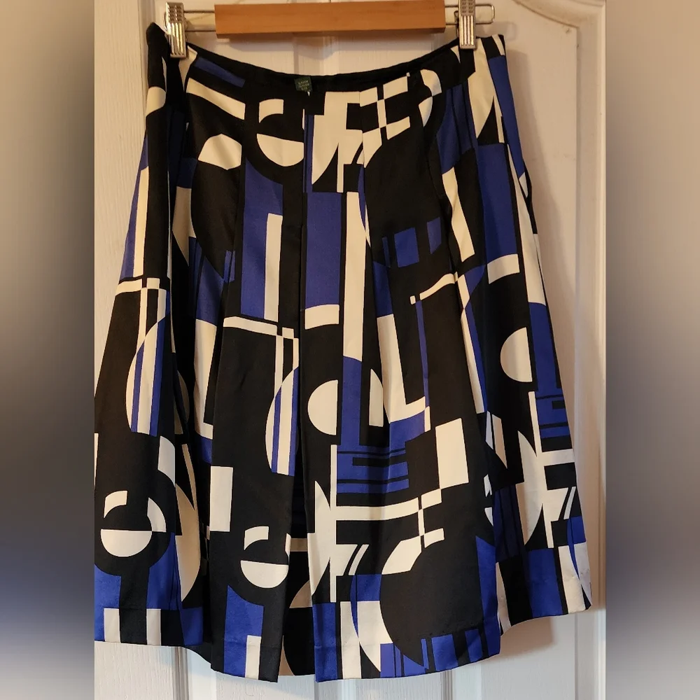 Ralph‎ Lauren 100% Silk Skirt Pleated Geometric Pattern Blue Black 4